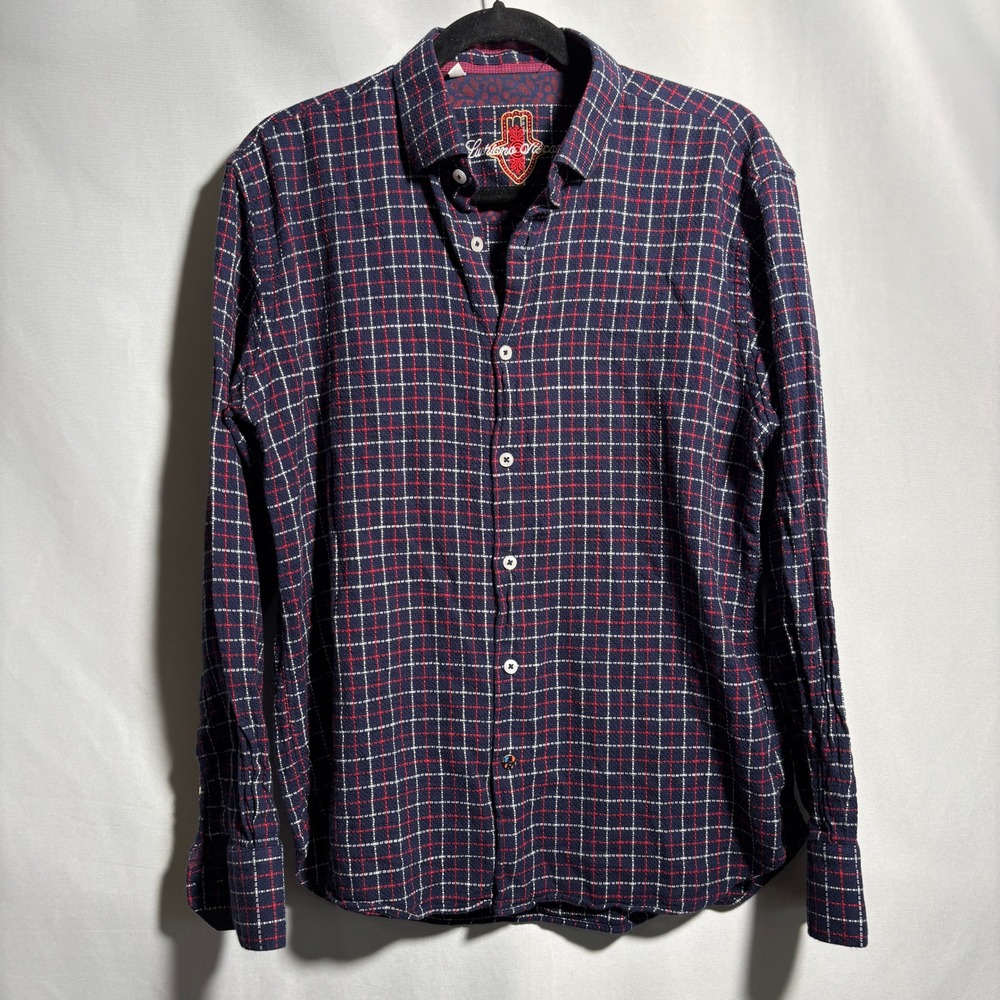 Luciano Visconti Plaid Button‎ Up Top Long Sleeve Mens L Blue Red White Preppy
